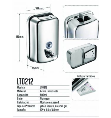Dispensador Jabon Acero Inox Vertical 800 ml